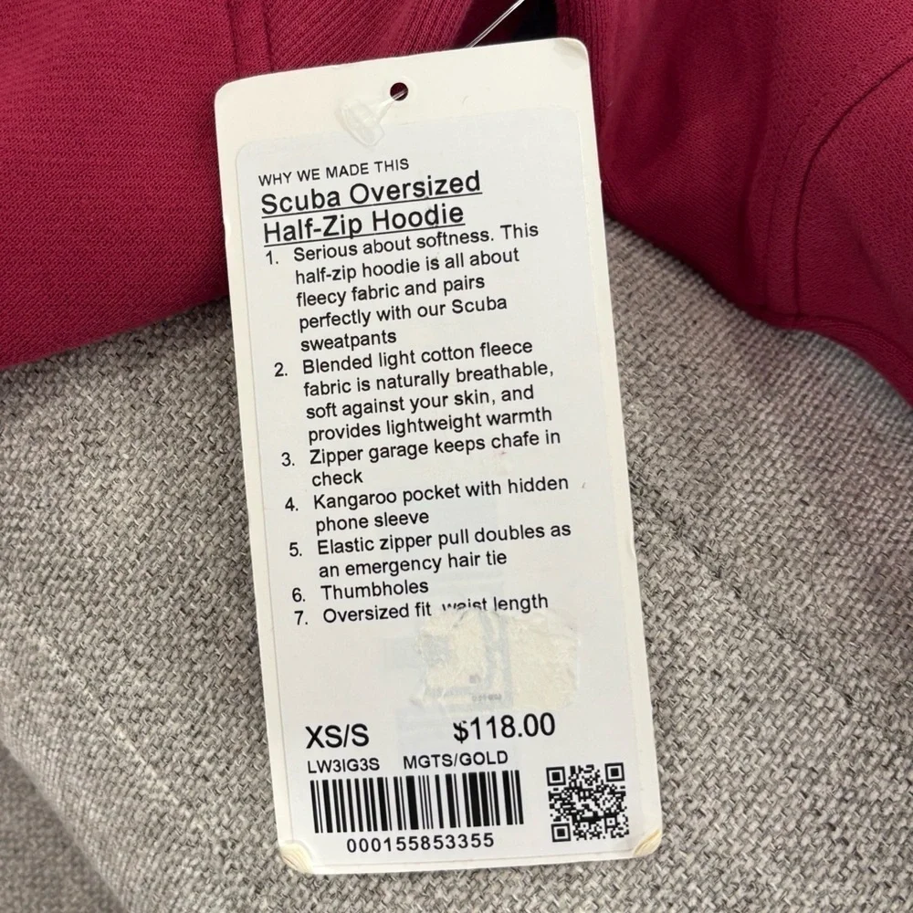 NWT Lululemon Scuba Oversized Half Zip Hoodie Size XS/S In Magenta Smoke/Gold